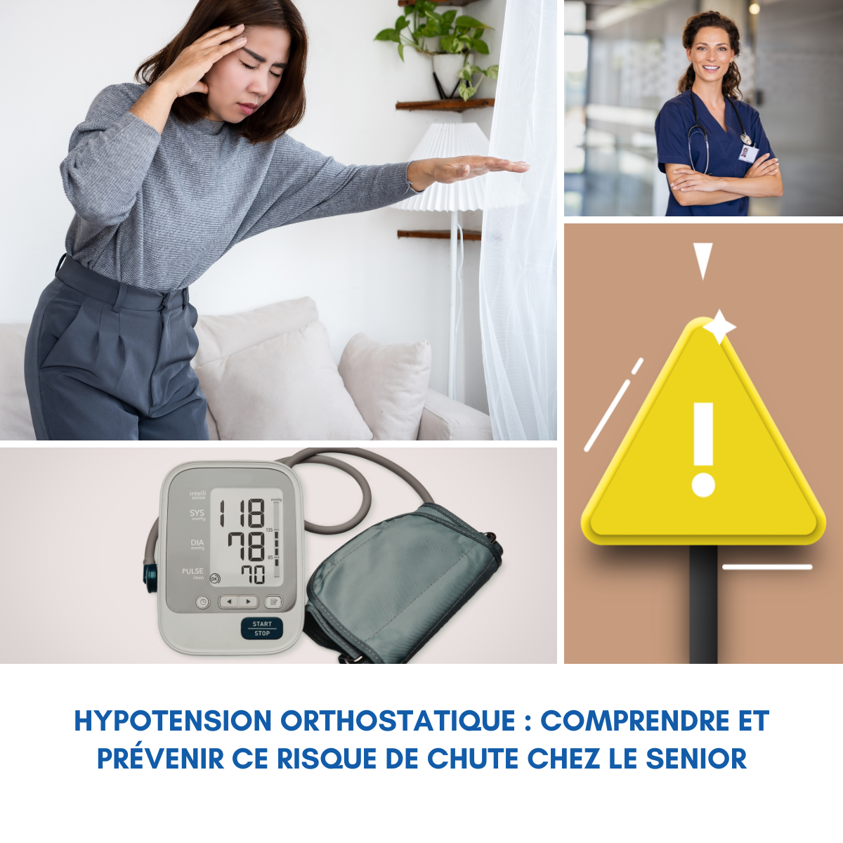 Femme souffrant d'hypotension orthostatique avec vertiges et prise de tension artérielle pour prévenir les chutes.